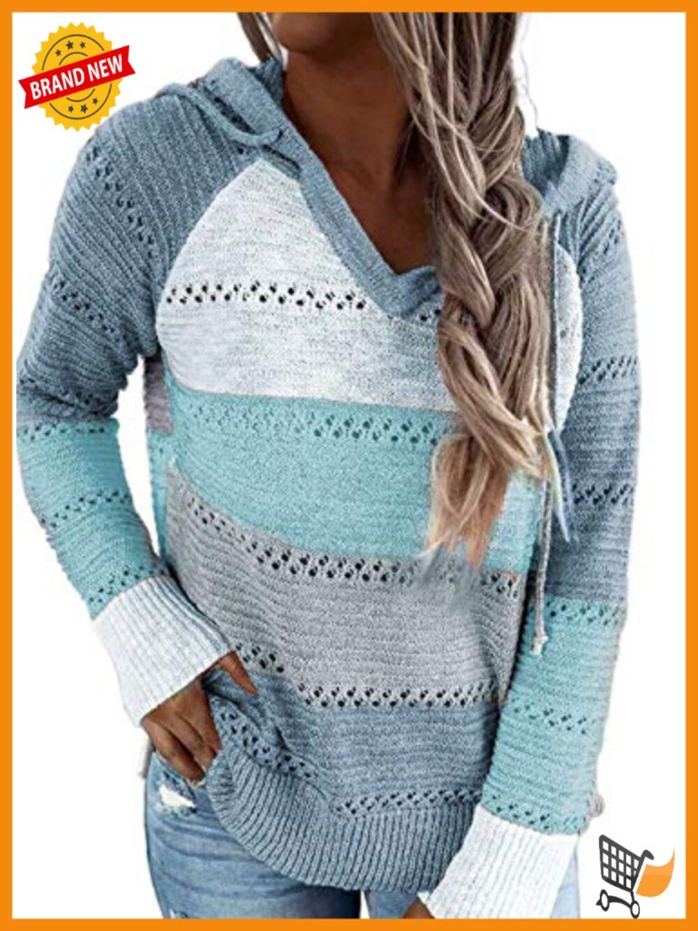 Striped Crochet Hooded Sweater Pullover Long Sleeve Lightweight Knit